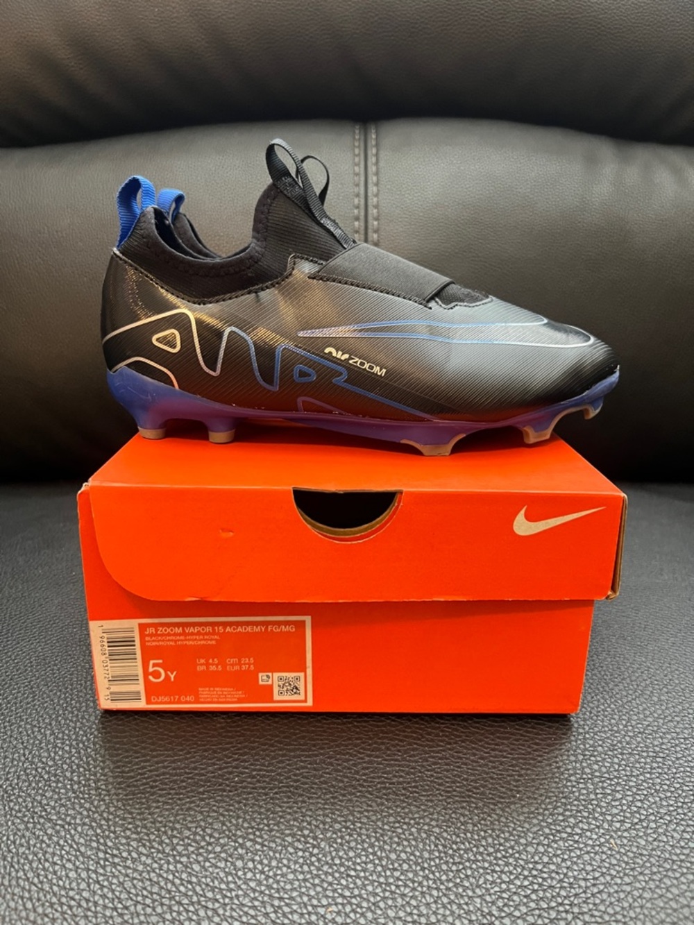 Nike JR ZOOM VAPOR 15 ACADEMY FG/MG Black and Blue Accents Youth Soccer ⚽️ Cleat